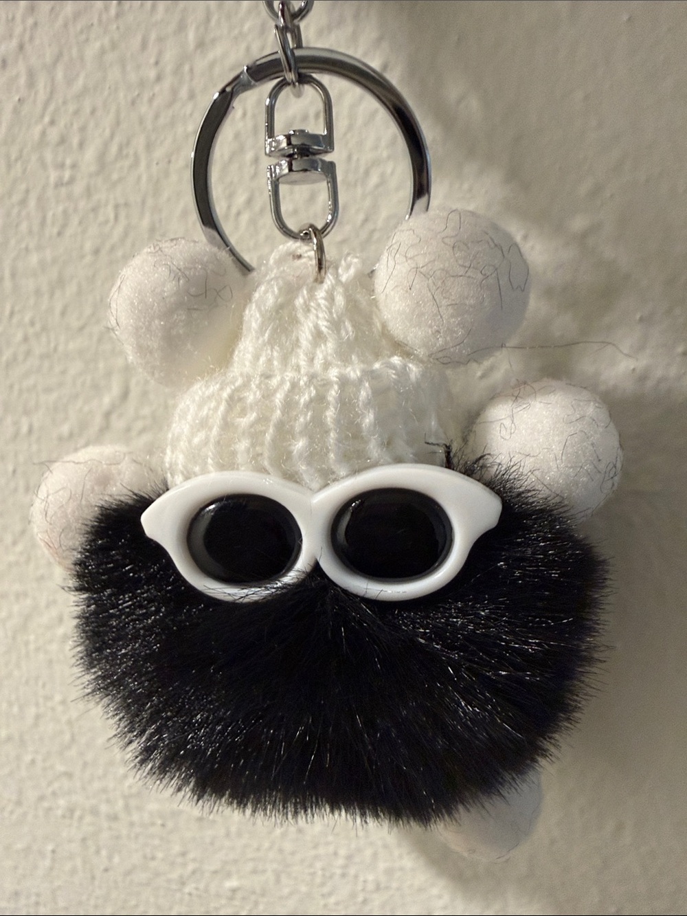 Plush Pom Pom Keychain with Sunglasses and White Beanie - bag charm